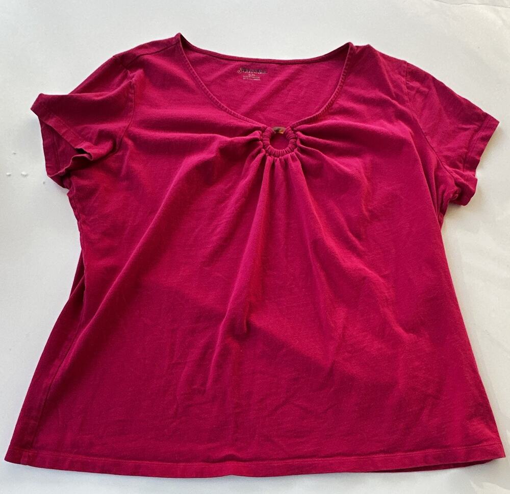 St. John's Bay Womens XL Dark Pink V-Neck Keyhole Ring Detail Short Sleeve Tee